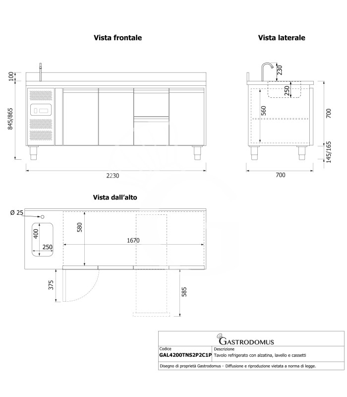 copy of Tavolo refrigerato - 2 porte - Prof. 700 - temperatura -2°C/+8°C