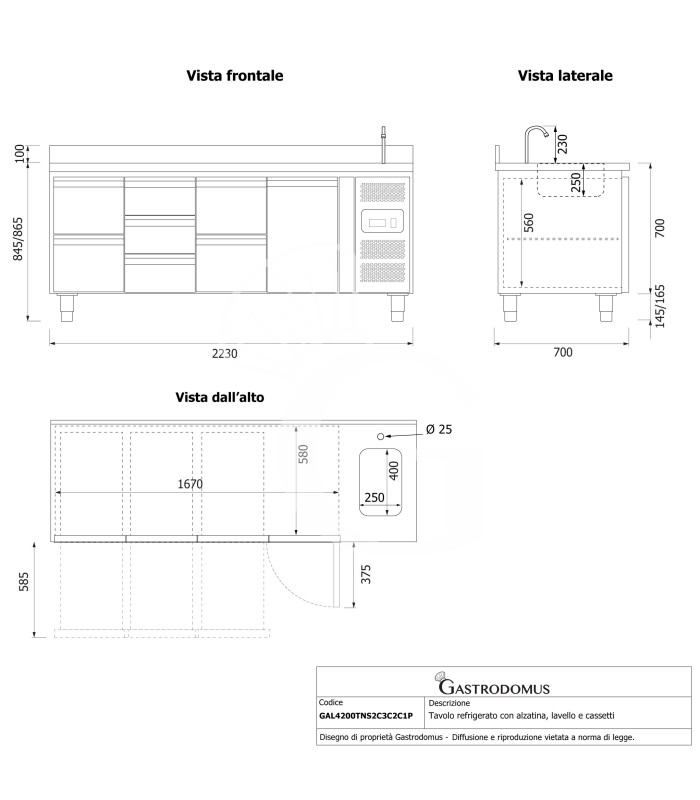 copy of Tavolo refrigerato - 2 porte - Prof. 700 - temperatura -2°C/+8°C