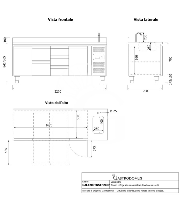 copy of Tavolo refrigerato - 2 porte - Prof. 700 - temperatura -2°C/+8°C