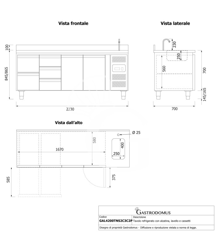 copy of Tavolo refrigerato - 2 porte - Prof. 700 - temperatura -2°C/+8°C