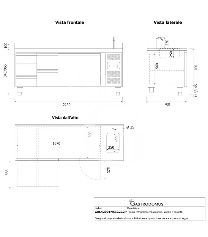 copy of Tavolo refrigerato - 2 porte - Prof. 700 - temperatura -2°C/+8°C