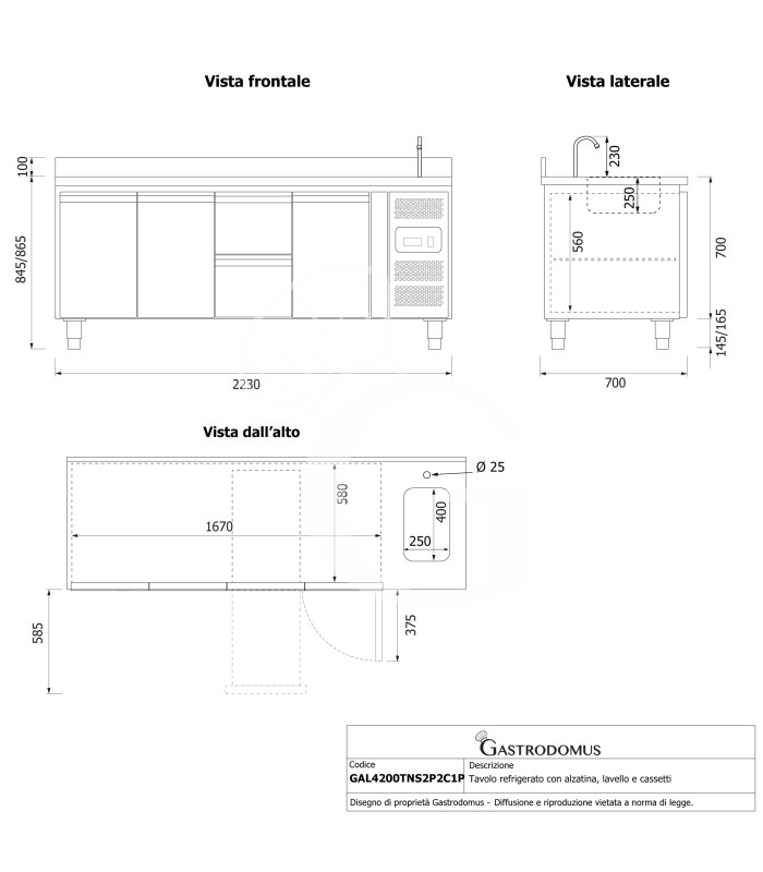 copy of Tavolo refrigerato - 2 porte - Prof. 700 - temperatura -2°C/+8°C