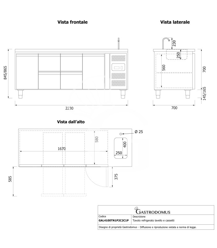 copy of Tavolo refrigerato - 2 porte - Prof. 700 - temperatura -2°C/+8°C