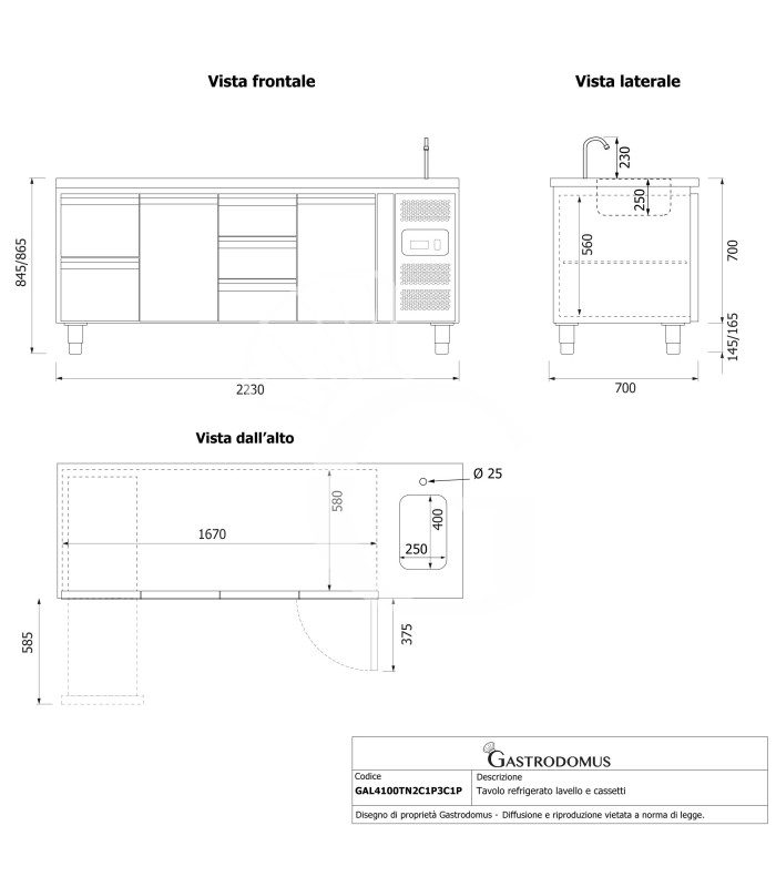 copy of Tavolo refrigerato - 2 porte - Prof. 700 - temperatura -2°C/+8°C