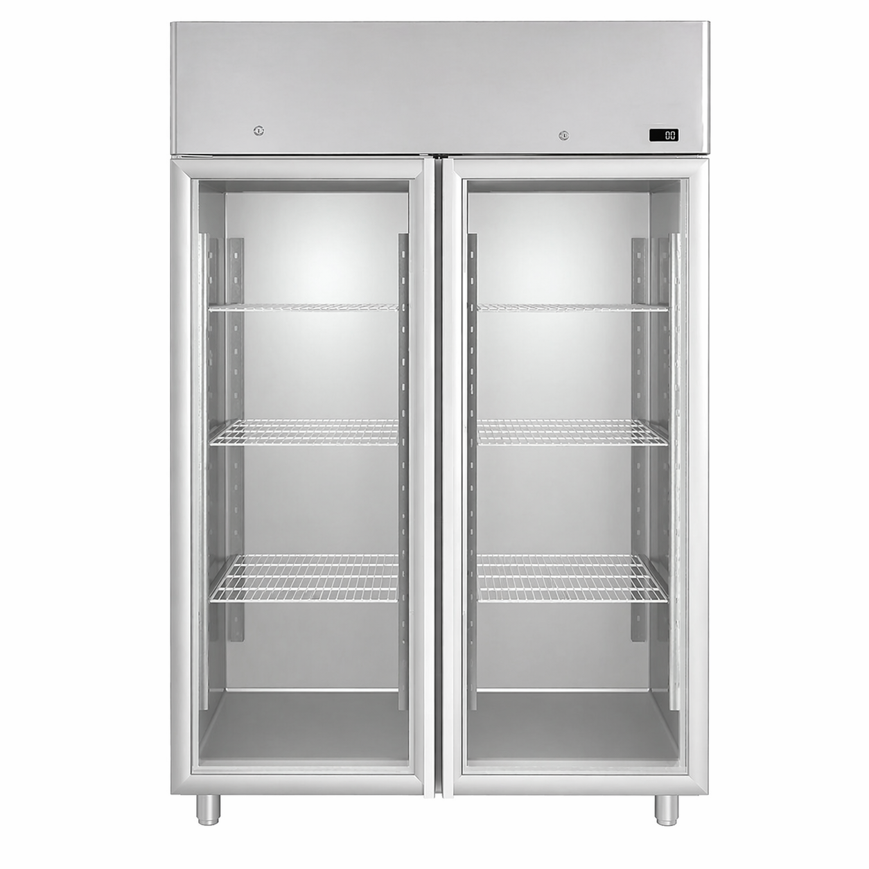 Kühlschrank (1200 Liter), Edelstahl, 2 Glastüren, Umluftkühlung, Temperatur -2°C /+10°C