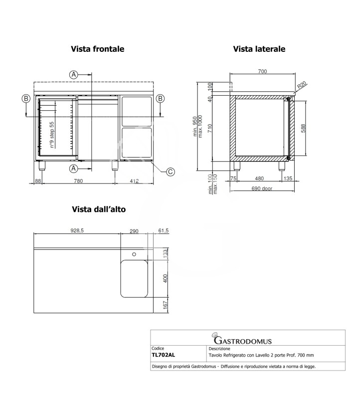 Kühltisch mit Spüle, 2-türig, Aufkantung, Tiefe 700 mm, 0°C/+10°C, Energieklasse C