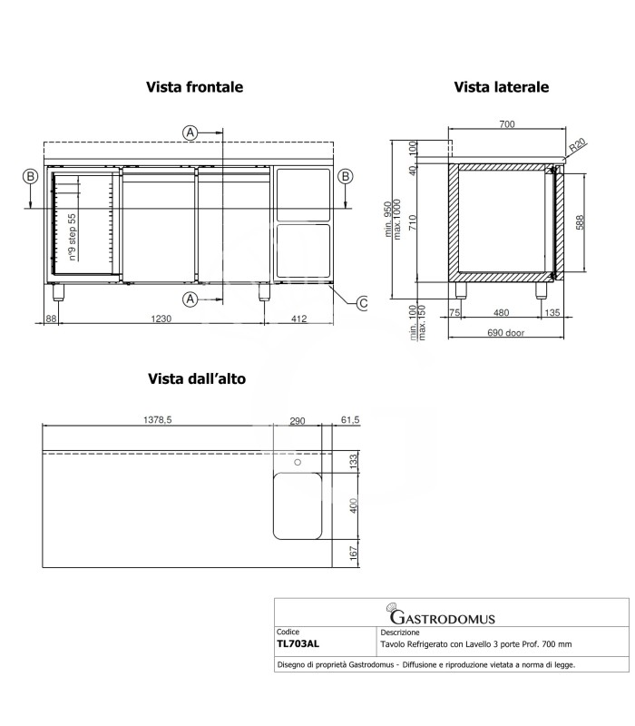 Kühltisch mit Spülbecken, 3-türig, Aufkantung, Tiefe 700 mm, 0°C/+10°C, Energieklasse C
