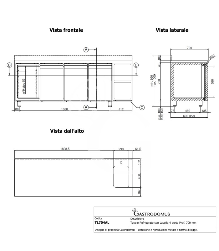 Kühltisch mit Spüle, 4 Türen, Aufkantung, Tiefe 700 mm, 0°C/+10°C