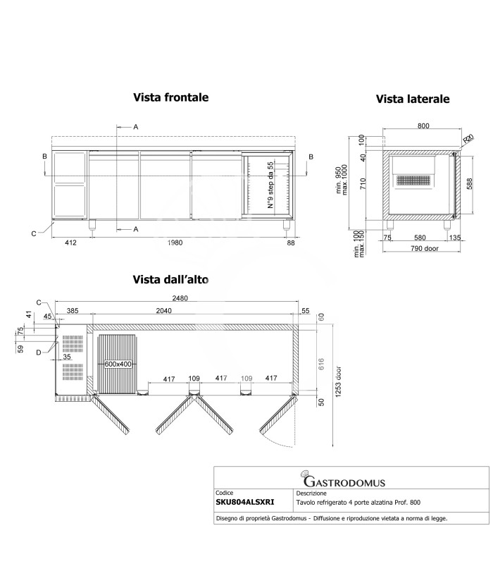 Kühltisch, 4-türig, Tiefe 800 mm, 0°C/+10°C, Motor auf der linken Seite, Aufkantung, Energieklasse D