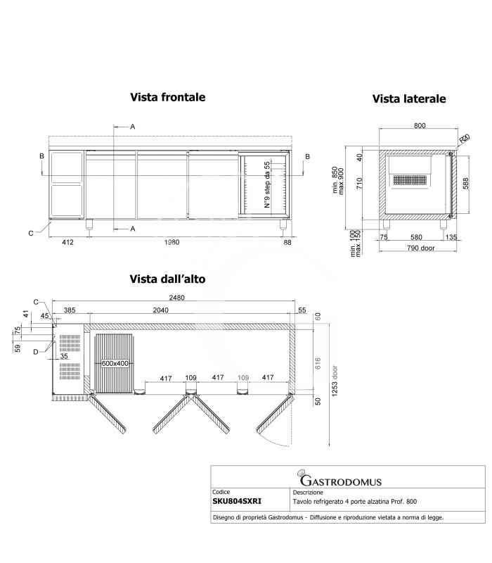Kühltisch, 4-türig, Tiefe 800 mm, 0°C/+ 10°C, Motor auf der linken Seite, Energieklasse D
