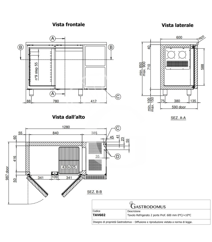 Kühltisch, 2 Türen, Tiefe 600 mm, Temperatur 0°C/+10°C, Energieklasse C