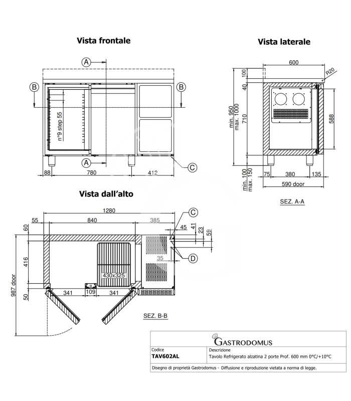 Kühltisch, 2 Türen, Aufkantung, Tiefe 600 mm,Temperatur 0°C/+10°C, Energieklasse C