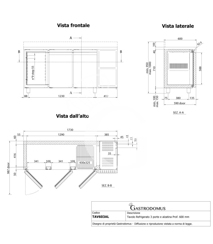 Kühltisch, 3-türig, Aufkantung, Tiefe 600 mm, 0°C/+ 10°C, Energieklasse D