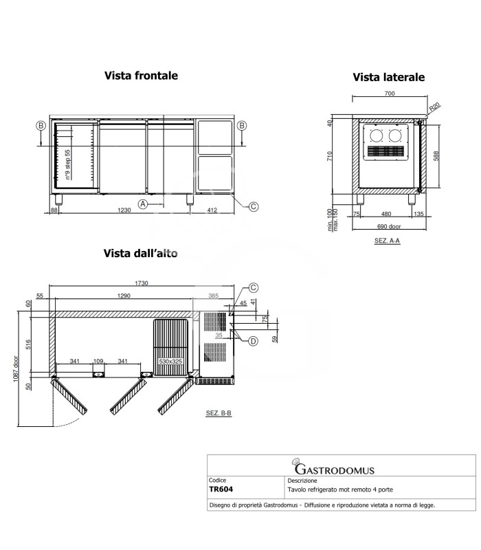 Kühltisch, 4 Türen, Tiefe 600 mm,Temperatur 0°C/+10°C, Energieklasse C
