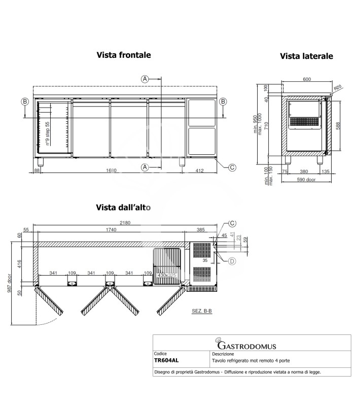 Kühltisch, 4 Türen, Aufkantung, Tiefe 600 mm,Temperatur 0°C/+10°C, Energieklasse C