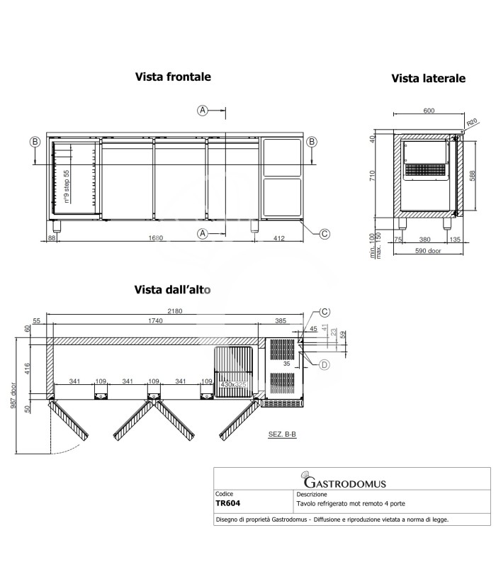 Kühltisch, 4 Türen, Tiefe 600 mm,Temperatur 0°C/+10°C, Energieklasse C