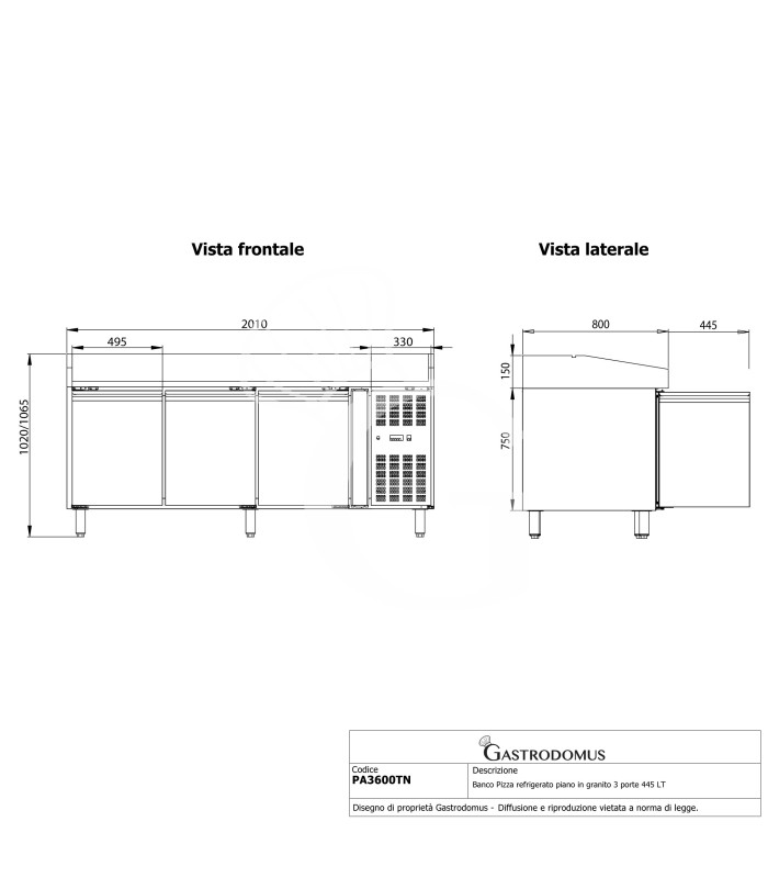 Banco pizza 60x40 - 3 porte - capacità 580 litri
