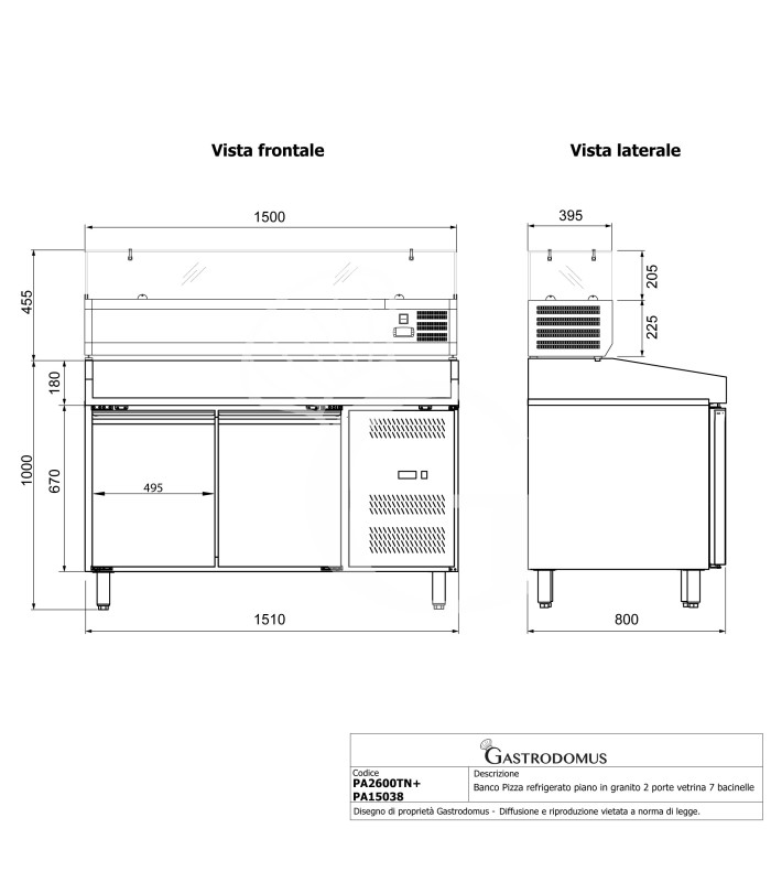 Pizzakühltisch, 2 Türen, 390 Liter, Gitter 600 x 400 mm, mit Kühlaufsatzvitrine für 5 Behälter GN1/3 + 1 Behälter GN1/2