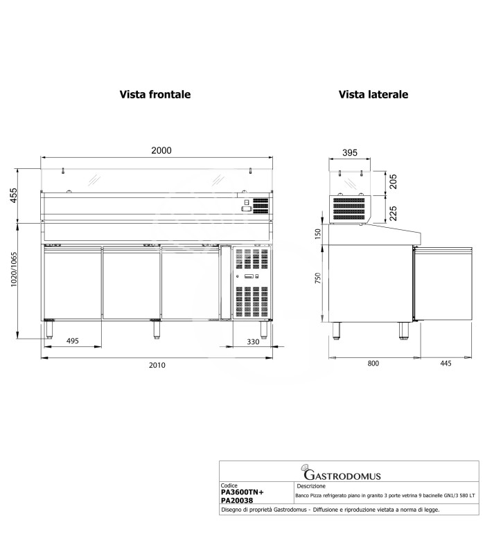 Pizzakühltisch, 3 Türen, 580 L, Gitter 600 x 400 mm, mit Kühlaufsatzvitrine für 9 Behälter GN1/3