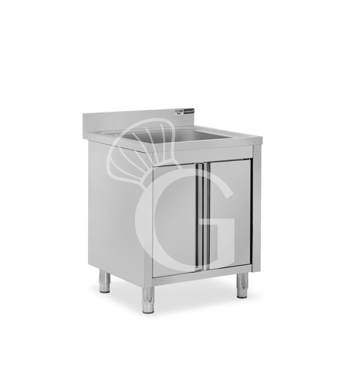 Spülschrank, Edelstahl, 1 Flügeltür, 1 Becken, Aufkantung, B 800 x T 600 x H 965 mm, Hahnloch (Ø 32 mm)