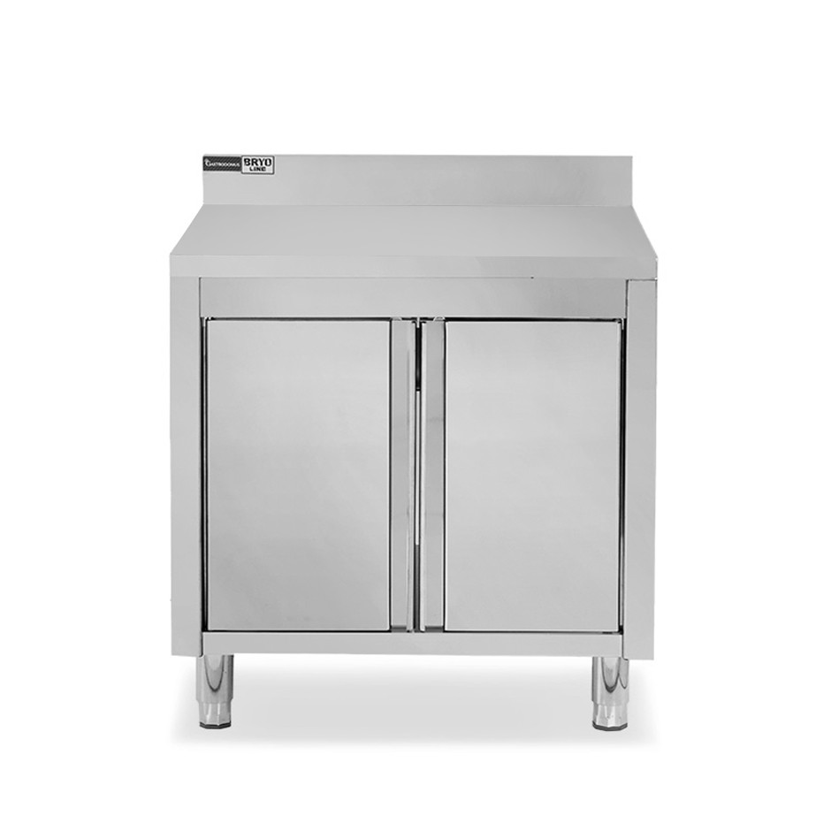 Schranktisch / Arbeitsschrank, Edelstahl, 1 Flügeltür, Aufkantung, B 800 mm x T 700 mm x H 950 mm