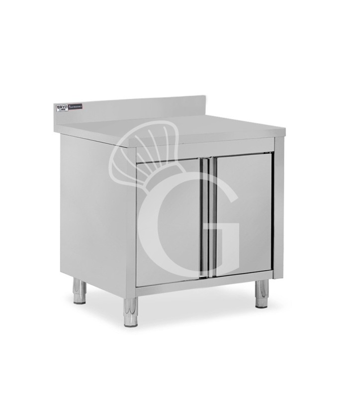 Schranktisch / Arbeitsschrank, Edelstahl, 1 Flügeltür, Aufkantung, B 800 mm x T 700 mm x H 950 mm