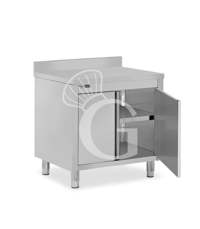 Schranktisch / Arbeitsschrank, Edelstahl, 1 Flügeltür, Aufkantung, B 800 mm x T 700 mm x H 950 mm