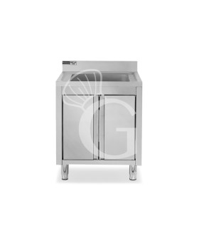 Spülschrank, Edelstahl, 1 Flügeltür, 1 Becken, Aufkantung, Hanhloch Ø 32 mm, B 800 mm x T 700 mm x H 965 mm