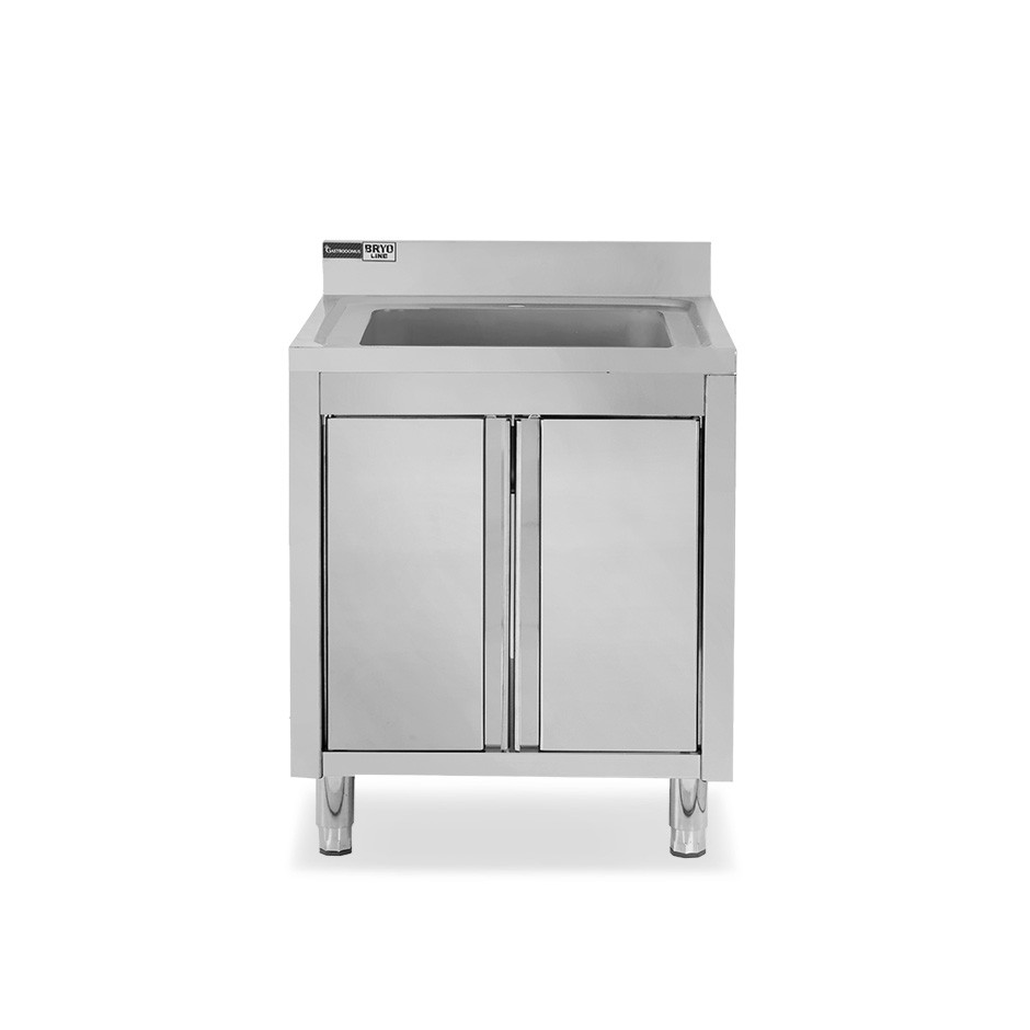 Spülschrank, Edelstahl, 1 Flügeltür, 1 Becken, Aufkantung, Hanhloch Ø 32 mm, B 800 mm x T 700 mm x H 965 mm
