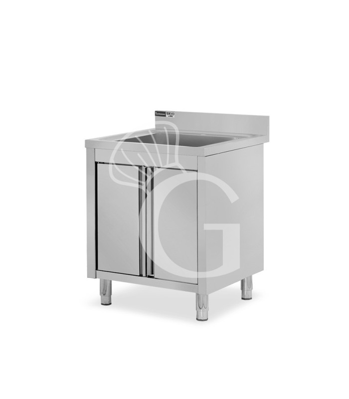 Spülschrank, Edelstahl, 1 Flügeltür, 1 Becken, Aufkantung, Hanhloch Ø 32 mm, B 800 mm x T 700 mm x H 965 mm
