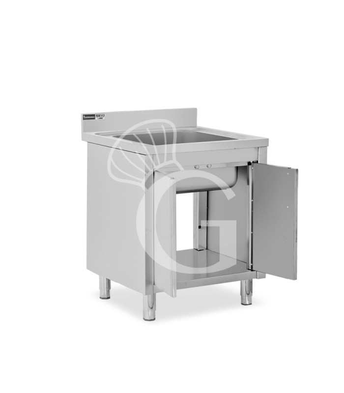 Spülschrank, Edelstahl, 1 Flügeltür, 1 Becken, Aufkantung, Hanhloch Ø 32 mm, B 800 mm x T 700 mm x H 965 mm
