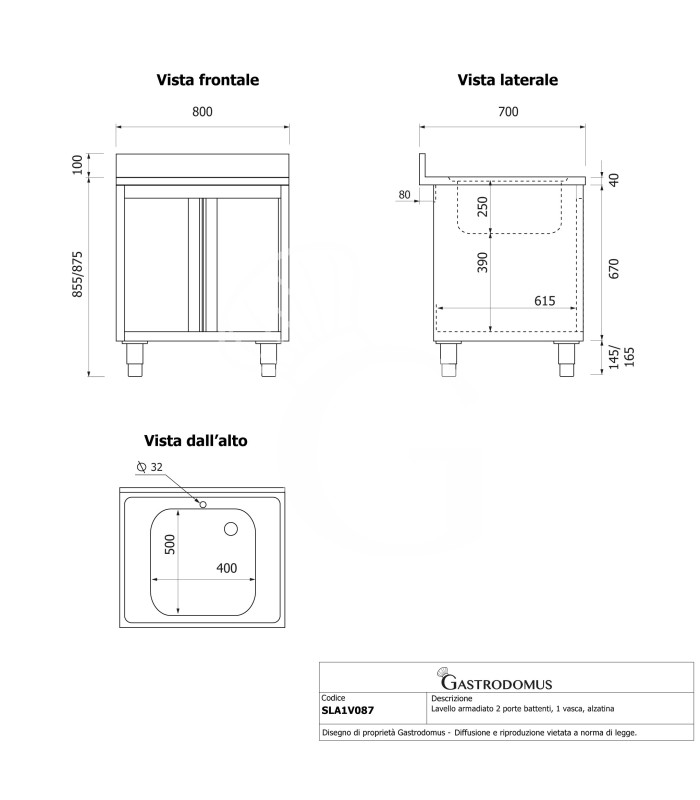 Spülschrank, Edelstahl, 1 Flügeltür, 1 Becken, Aufkantung, Hanhloch Ø 32 mm, B 800 mm x T 700 mm x H 965 mm