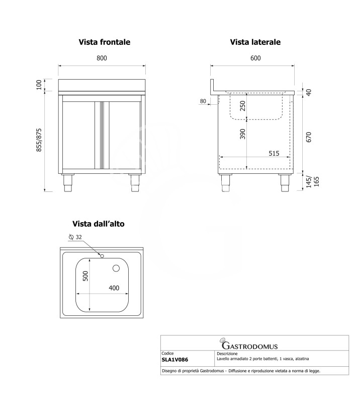 Spülschrank, Edelstahl, 1 Flügeltür, 1 Becken, Aufkantung, B 800 x T 600 x H 965 mm, Hahnloch (Ø 32 mm)