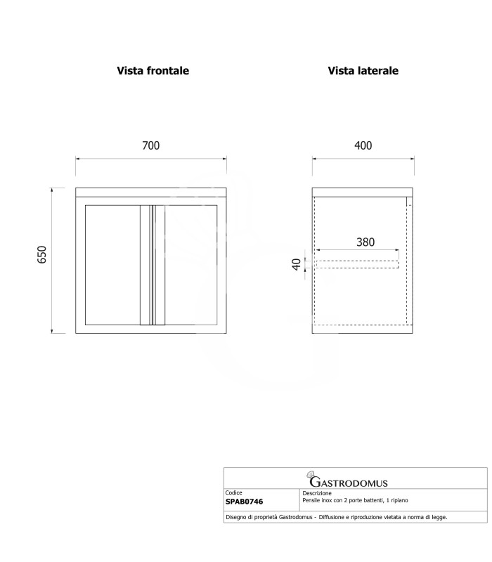 Wandhängeschrank, Edelstahl, 1 Flügeltür, 1 Zwischenboden, B 700 mm x T 400 mm x H 650 mm