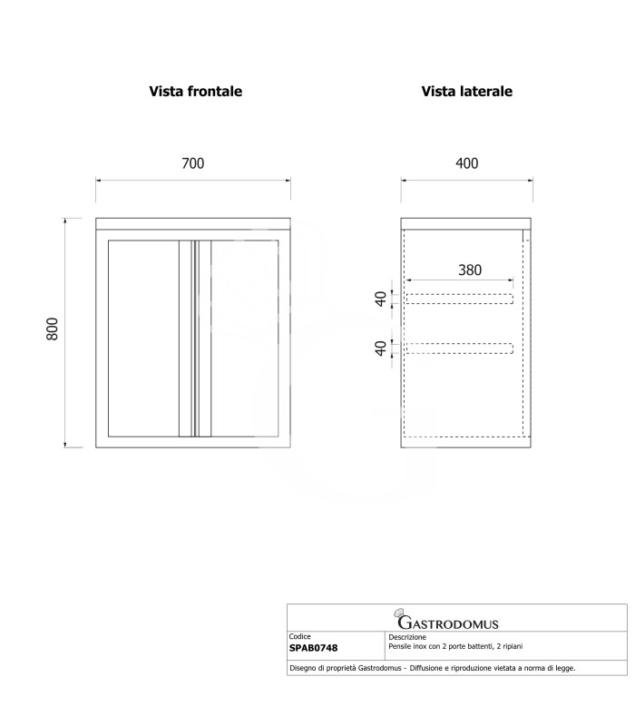 Wandhängeschrank, Edelstahl, 1 Flügeltür, 1 Zwischenboden, B 700 mm x T 400 mm x H 800 mm