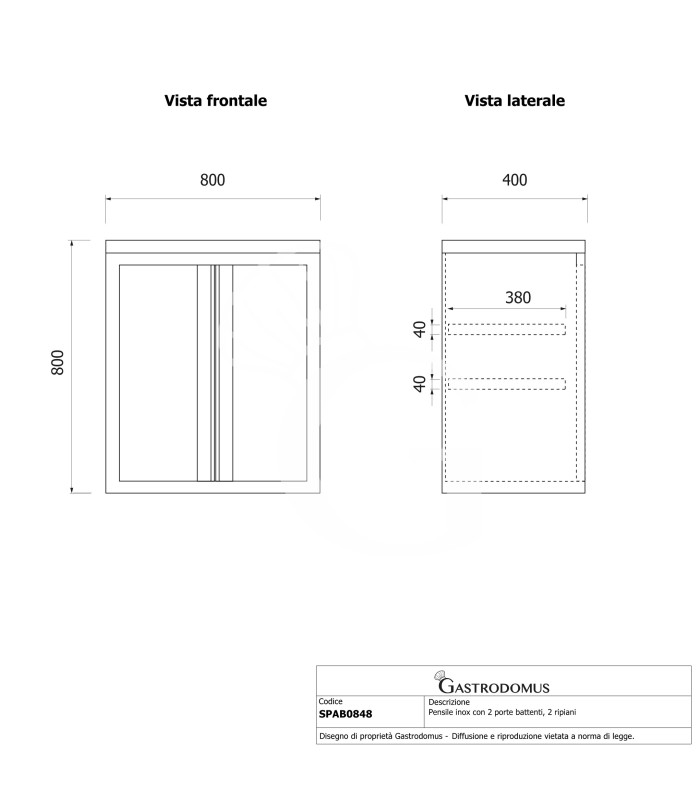 Wandhängeschrank, Edelstahl, 2 Flügeltüren, 1 Zwischenboden, B 800 mm x T 400 mm x H 800 mm