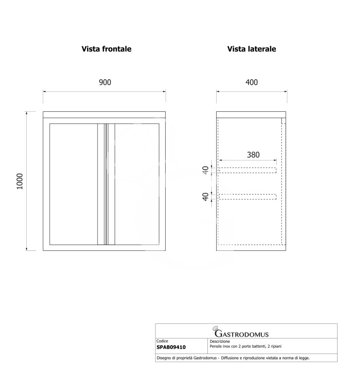Wandhängeschrank, Edelstahl, 2 Flügeltüren, 2 Regalböden, B 900 mm x T 400 mm x H 1000 mm