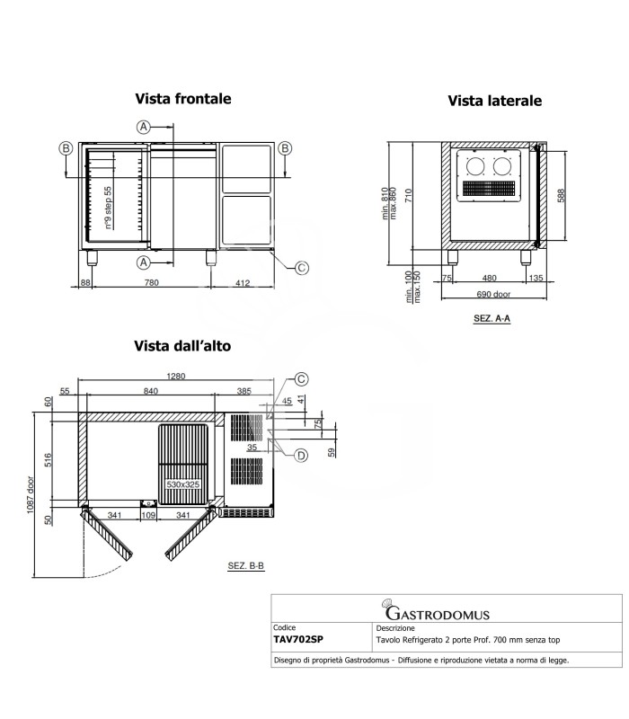 Kühltisch ohne Arbeitsplatte, 2 Türen, Tiefe 700 mm, 0°C/+10°C