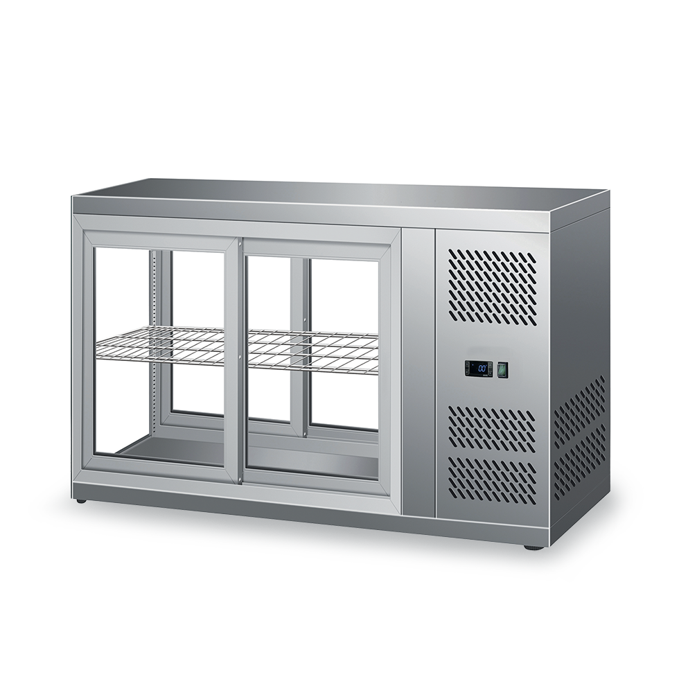 Kühlvitrine, Umluftkühlung, 110 L, Edelstahl, Schiebetüren, +2°C/+8°C, B 910 mm x T 510 mm x H 550 mm