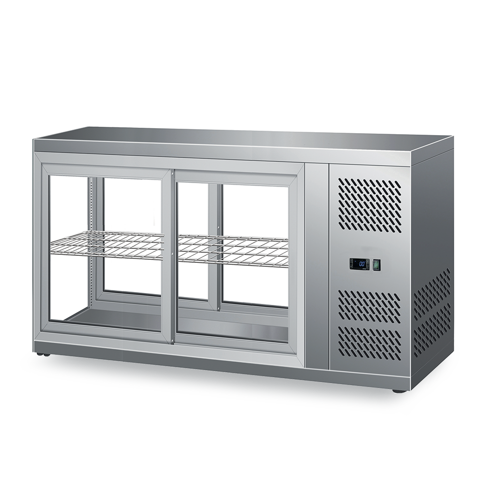 Kühlvitrine, Umluftkühlung, 190 L, Edelstahl, Schiebetüren, +2°C/+8°C, B 1310 mm x T 510 mm x H 550 mm