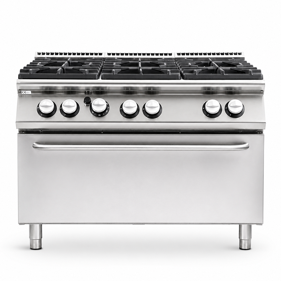 Professioneller Gasherd mit 6 Brenner und MAXI Gasbackofen, Tiefe 900 mm