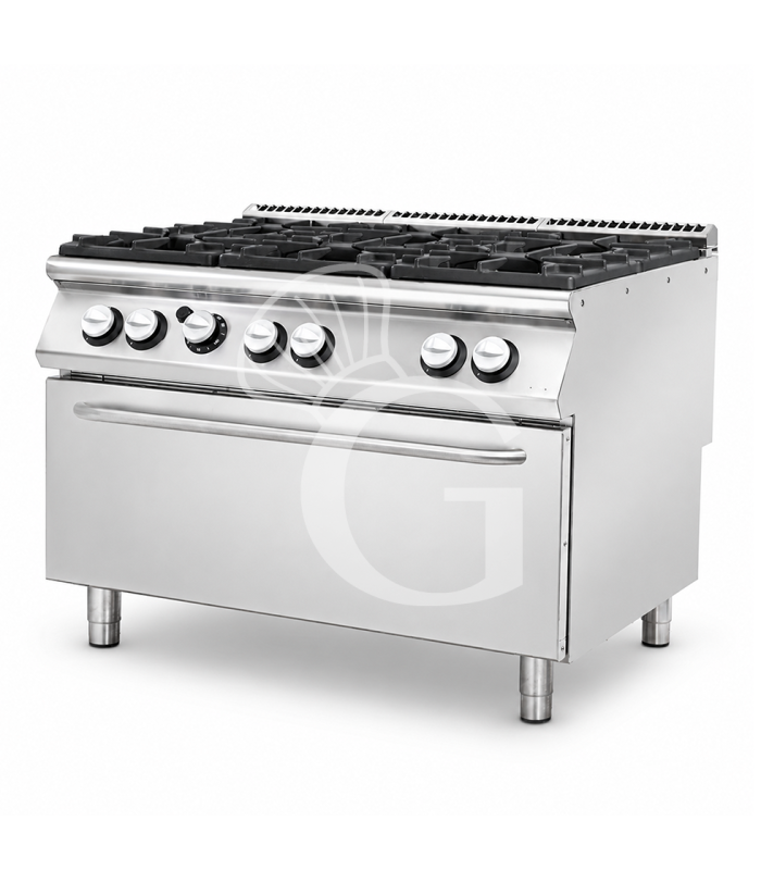Professioneller Gasherd mit 6 Brenner und MAXI Gasbackofen, Tiefe 900 mm