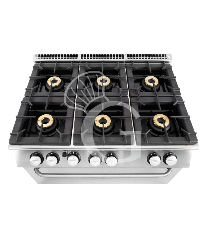 Professioneller Gasherd mit 6 Brenner und MAXI Gasbackofen, Tiefe 900 mm