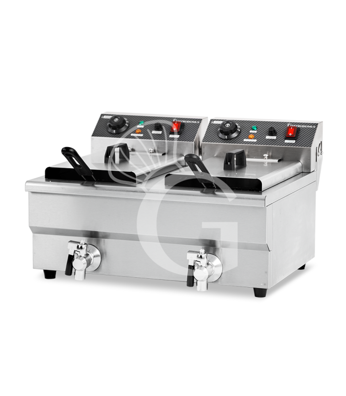 Elektro-Fritteuse mit Fettablasshähne, 2 Becken (2 x 10 Liter), Tischgerät, 2 x 3000 Watt, einphasig