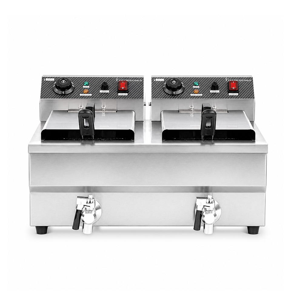 Elektro-Fritteuse mit Fettablasshähne, 2 Becken (2 x 10 Liter), Tischgerät, 2 x 3000 Watt, einphasig