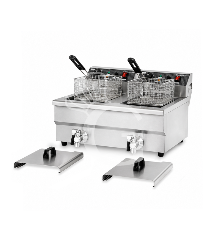 Elektro-Fritteuse mit Fettablasshähne, 2 Becken (2 x 10 Liter), Tischgerät, 2 x 3000 Watt, einphasig