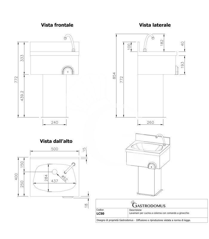 Handwaschbecken auf Säule, Edelstahl, Kniebedienung, mit Wasserhahn und Abfluss