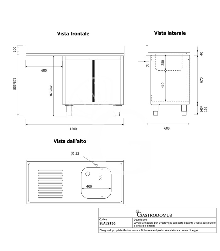 Spülmaschinen Spülschrank, Edelstahl, 1 Becken, Abtropffläche links, Flügeltüren, B 1500 mm x T 600 mm x H 950 mm