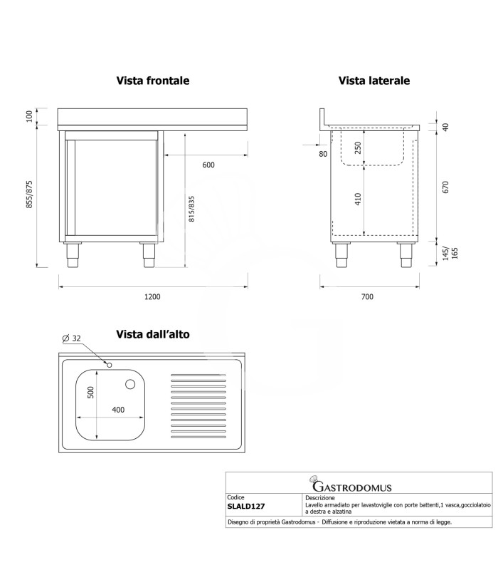 Spülmaschinen Spülschrank, Edelstahl, 1 Becken, Abtropffläche rechts, Flügeltür, Hahnloch Ø 32 mm, B 1200 x T 700 x H 965 mm