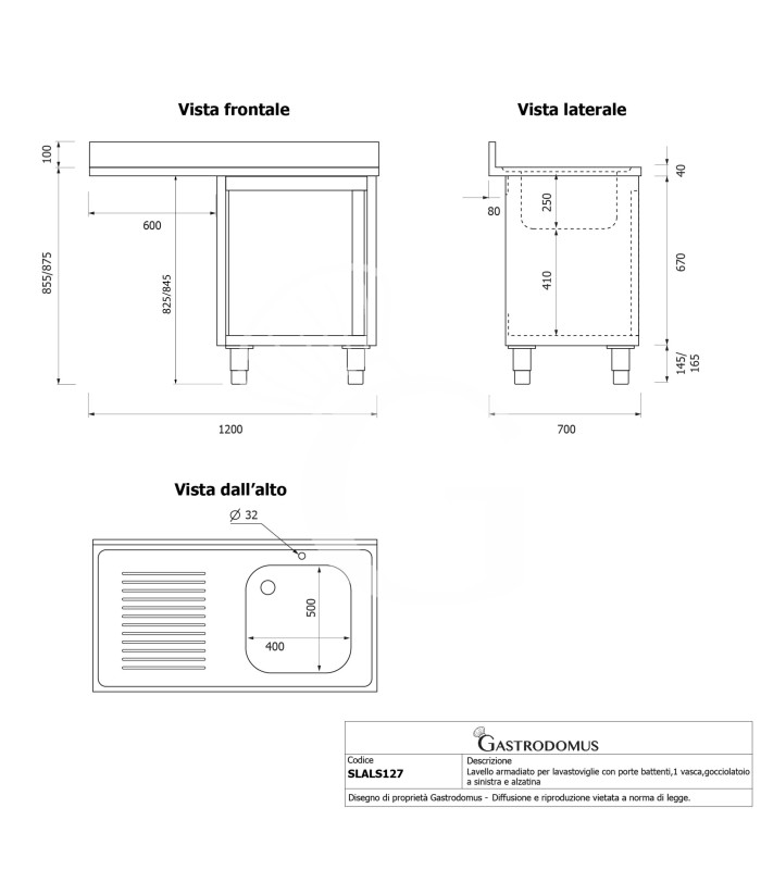 Spülmaschinen Spülschrank, Edelstahl, 1 Becken, Abtropffläche links, Flügeltür, Hahnloch Ø 32 mm, B 1200 x T 700 x H 965 mm